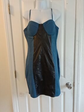 LOVE J Blue and Black Panelled Spaghetti-Strap Dress SIZE XL